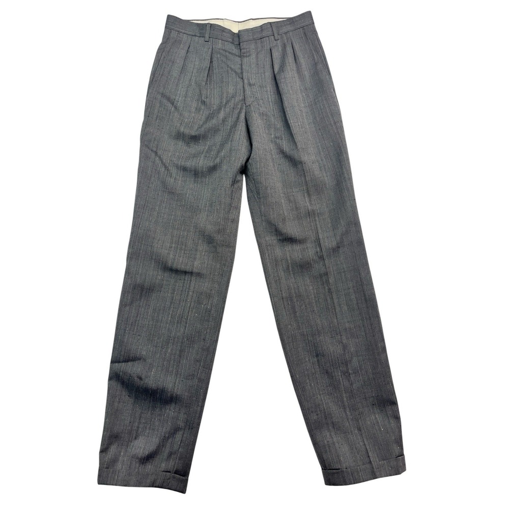 vtg 80s Gray Striped 30x32 Dress Suit Pants Pleated Cuffed Tapered Wool Bespoke